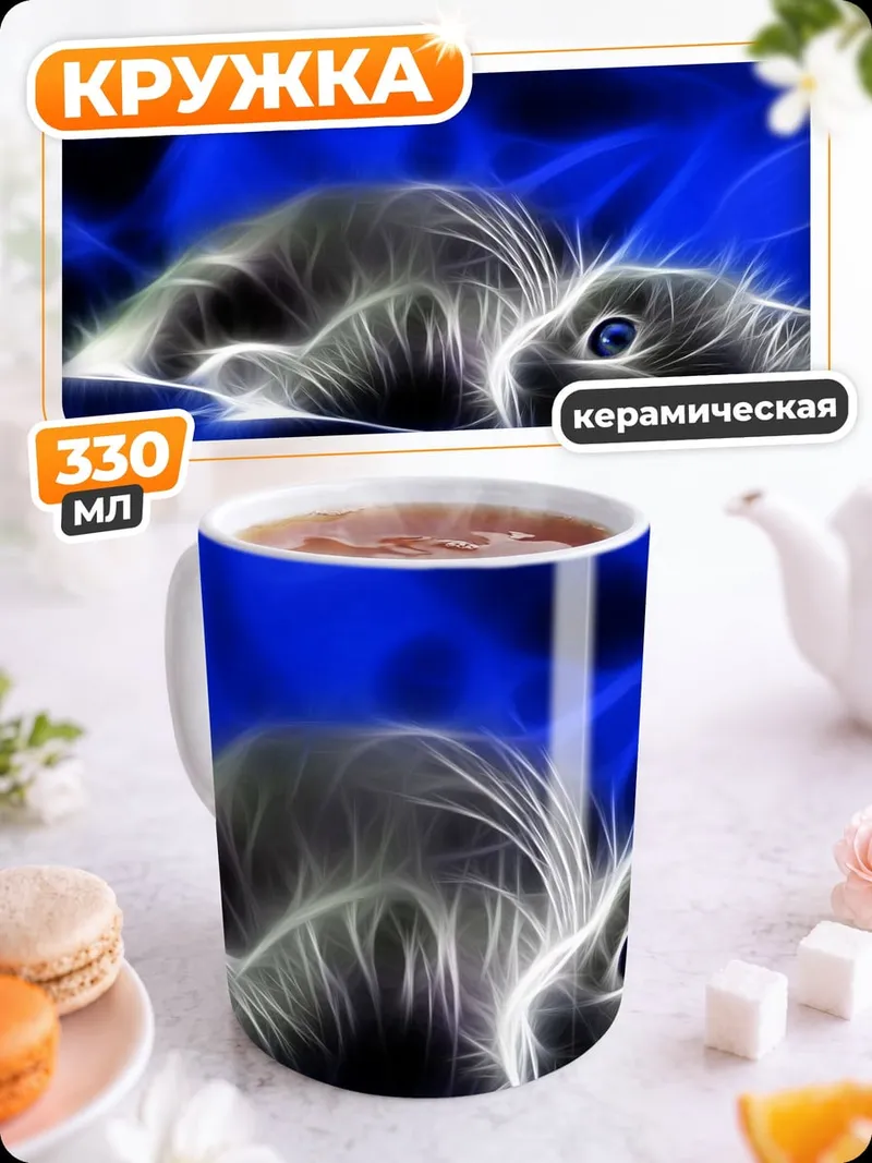 Кружка керамическая Неоновый кот синий