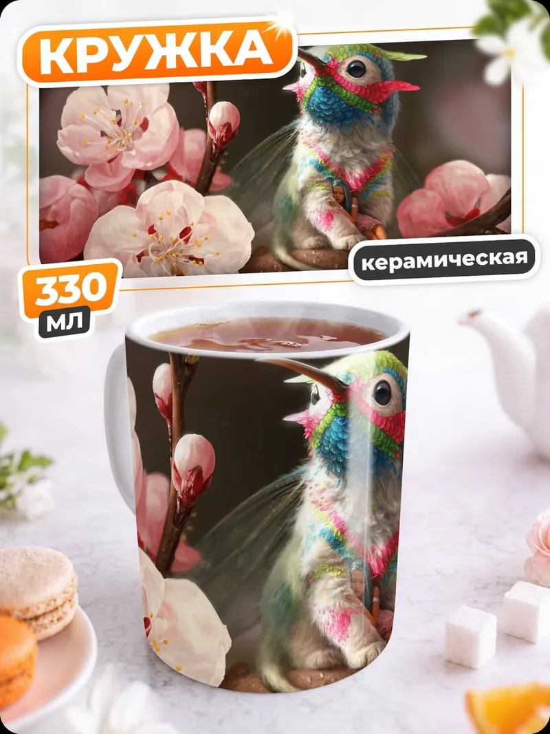 Кружка керамическая Колибри на цветущей ветке