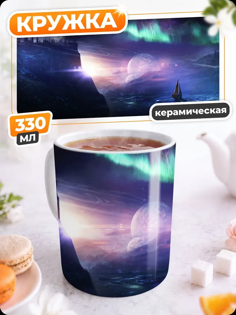 Кружка керамическая Корабль под северным сиянием