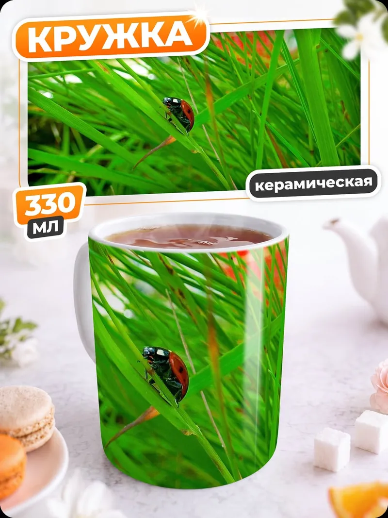 Кружка керамическая Божья коровка на траве