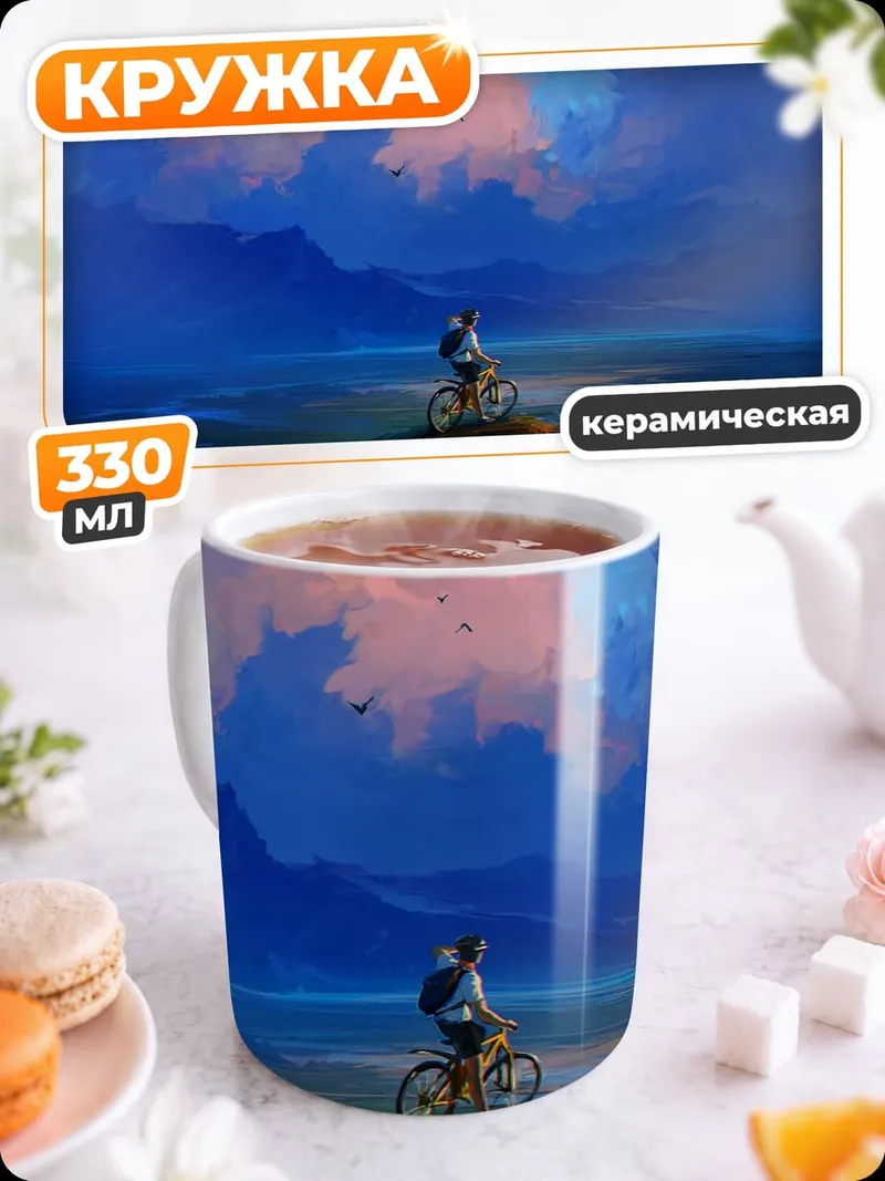 Кружка керамическая Путешественник на велосипеде