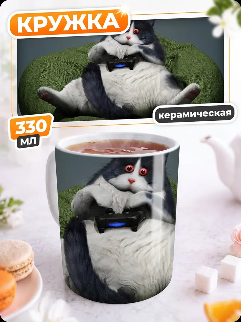 Кружка керамическая Кот играет в приставку