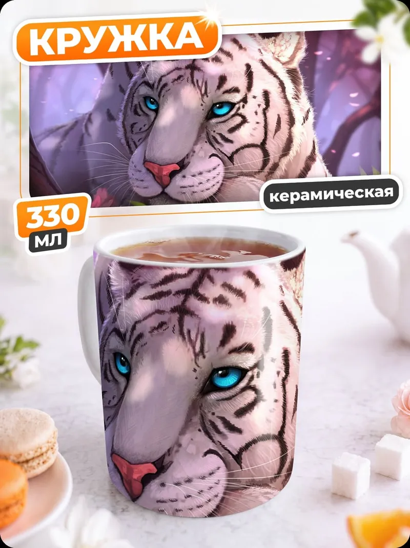 Кружка керамическая белый тигр в цветах