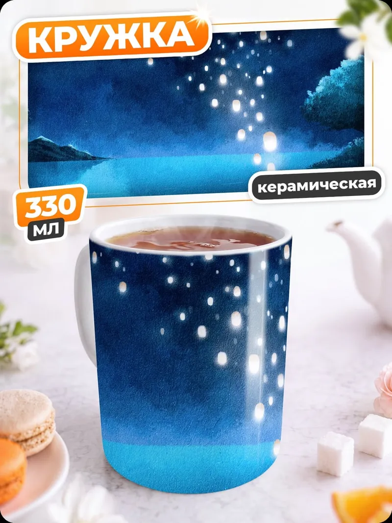 Кружка керамическая ночной пейзаж с фонариками