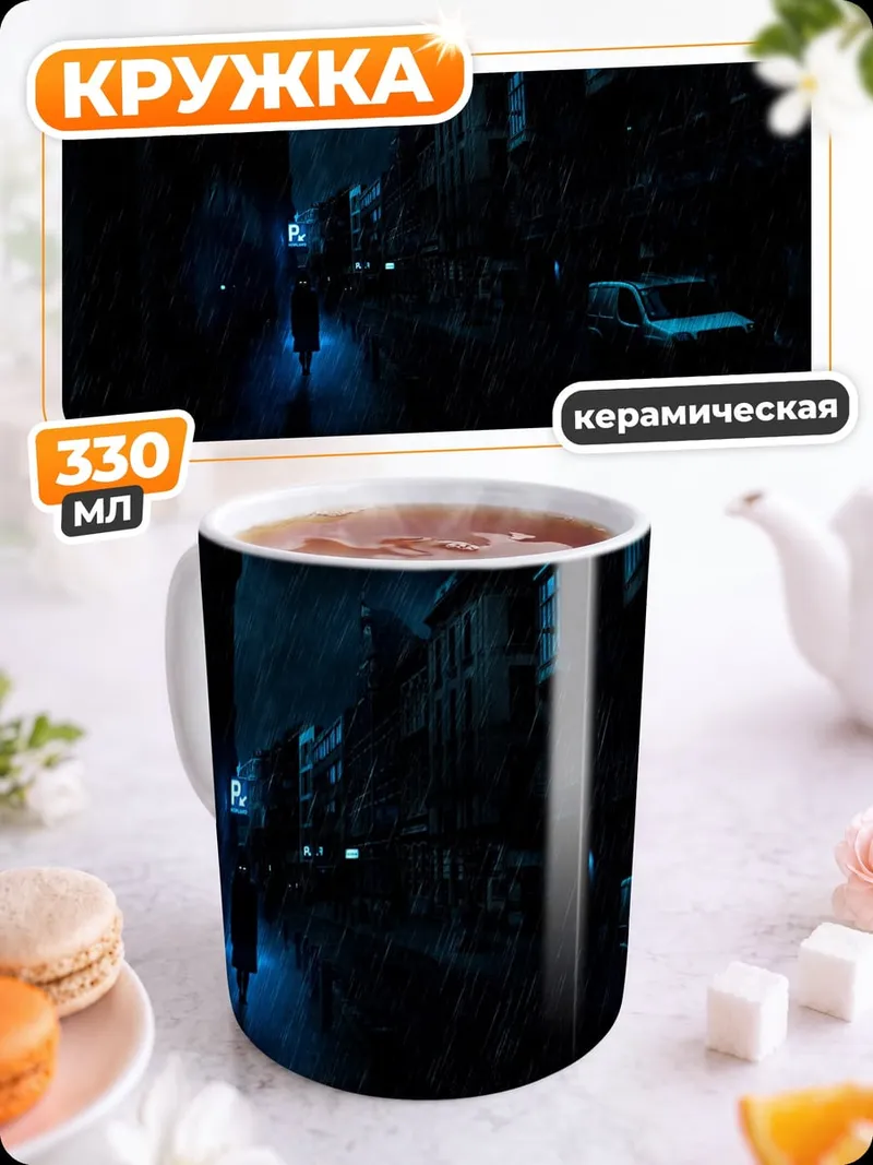Кружка керамическая Ночной город под дождем