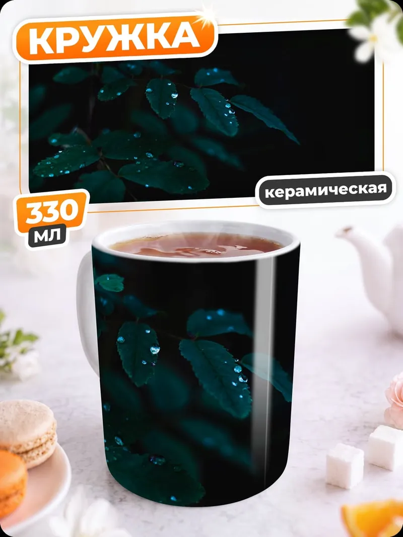 Кружка керамическая Тёмные листья с каплями