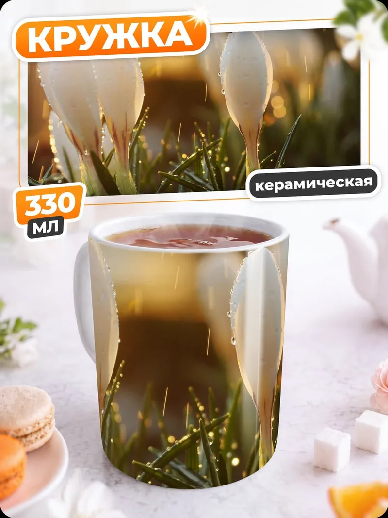 Кружка керамическая Белые крокусы дождем