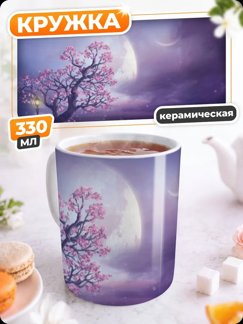 Кружка керамическая сакура под луной