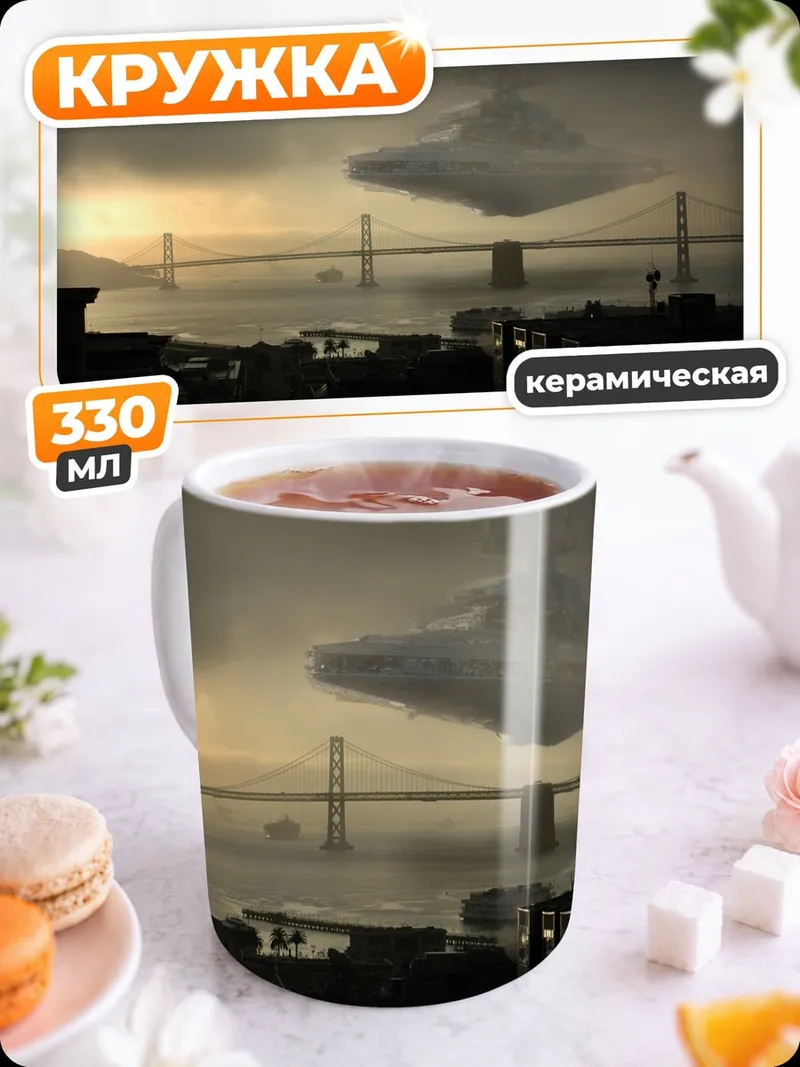 Кружка керамическая космический корабль над мостом