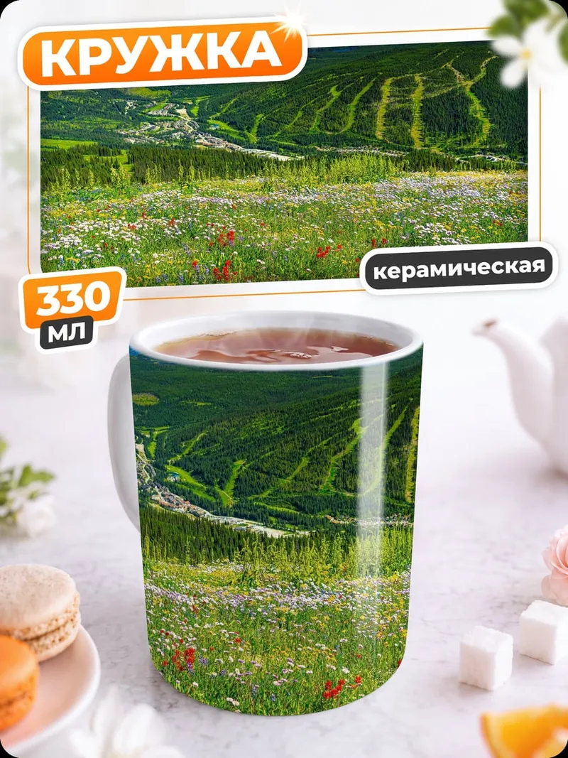 Кружка керамическая горный пейзаж с цветами