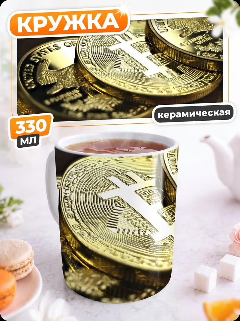Кружка керамическая золотые биткоины крупным планом