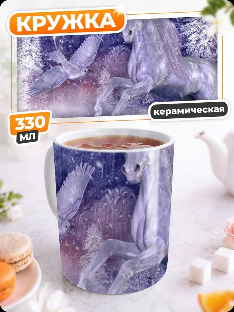 Кружка керамическая Белый единорог и птица