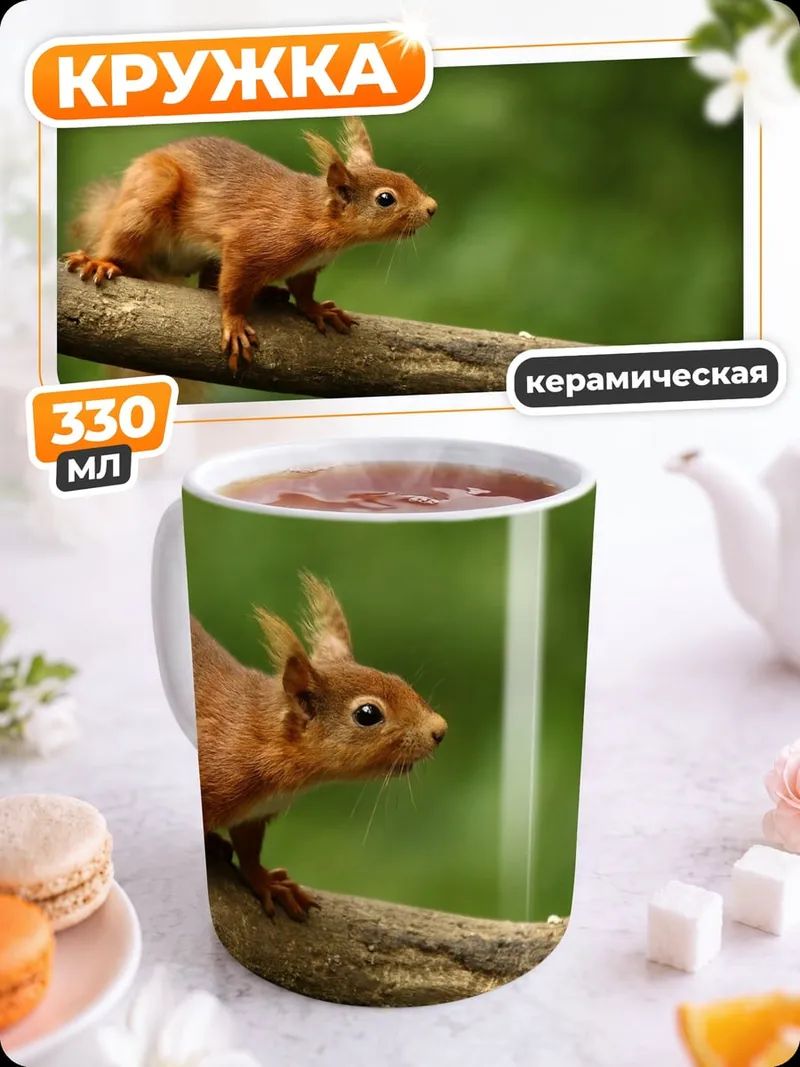 Кружка керамическая Рыжая белка на ветке