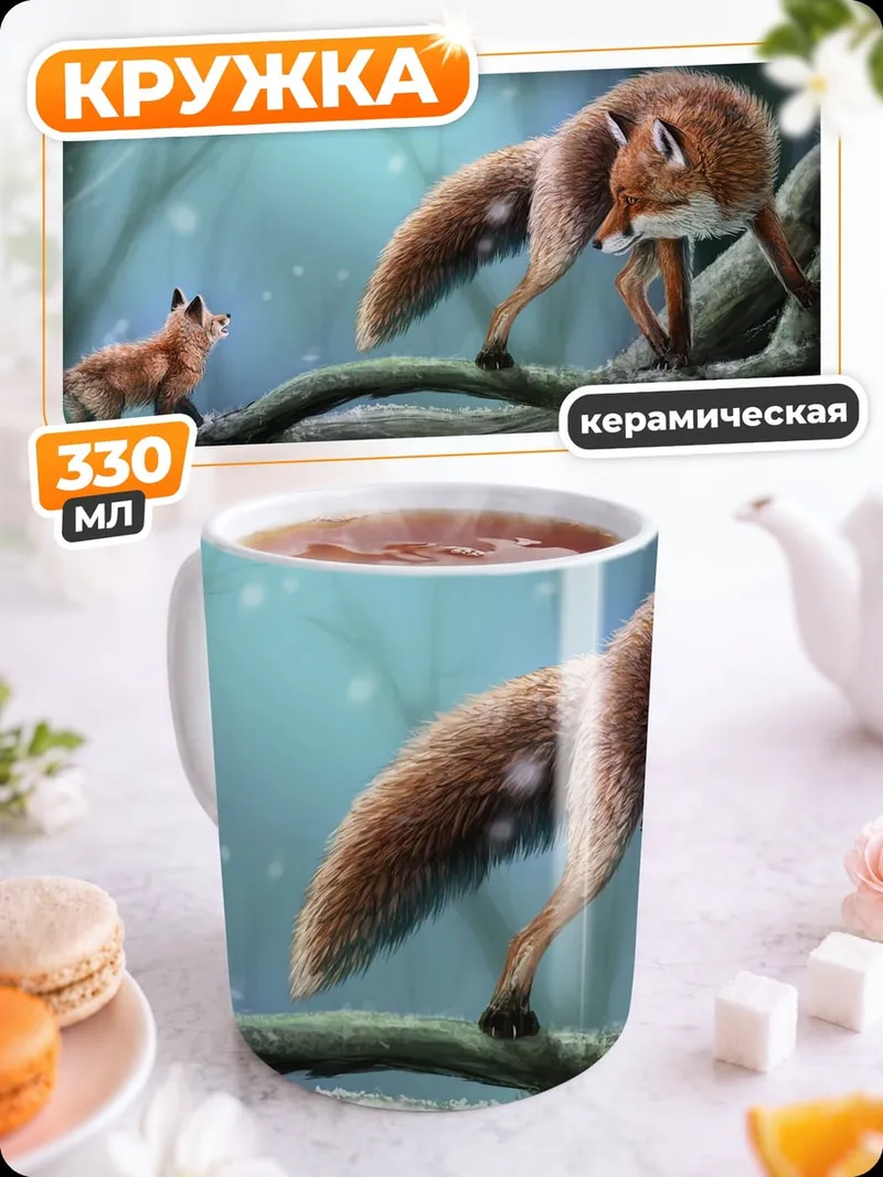 Кружка керамическая Лисята в зимнем лесу