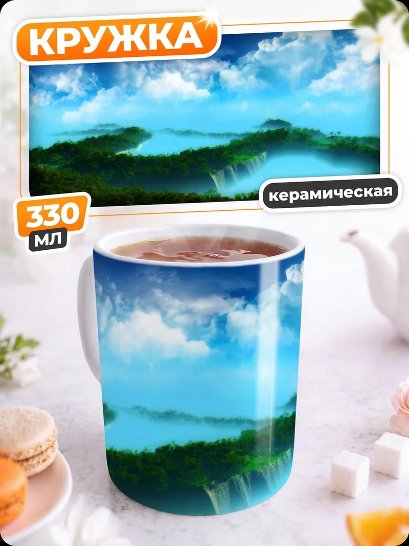 Кружка керамическая тропический пейзаж с водопадами