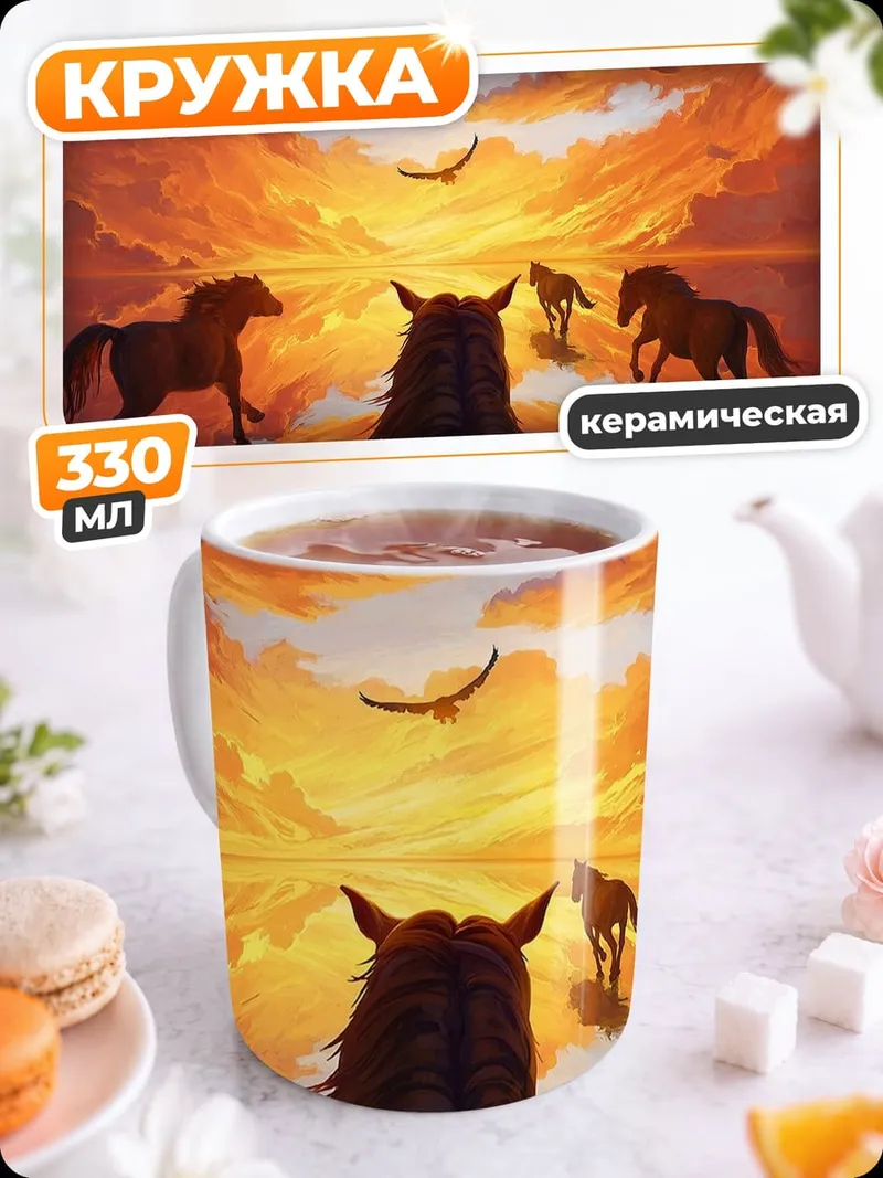 Кружка керамическая Лошади на закате