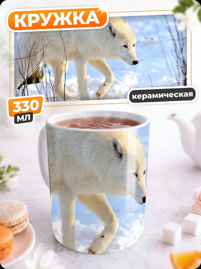 Кружка керамическая Белый волк снег