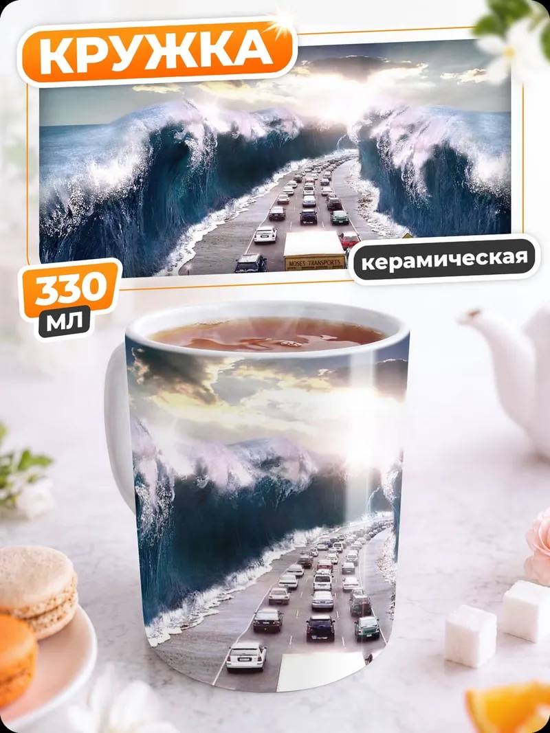 Кружка керамическая цунами на дороге