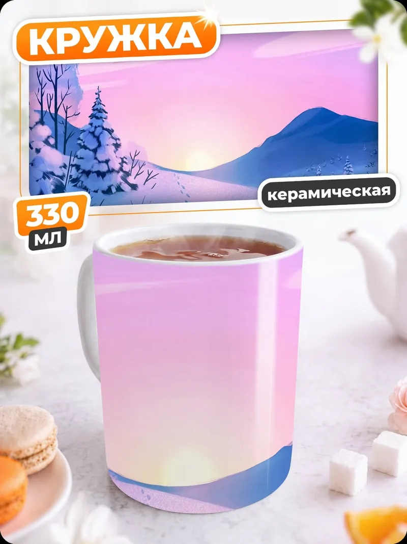 Кружка керамическая зимний пейзаж на закате