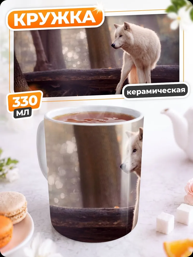 Кружка керамическая белый волк в лесу