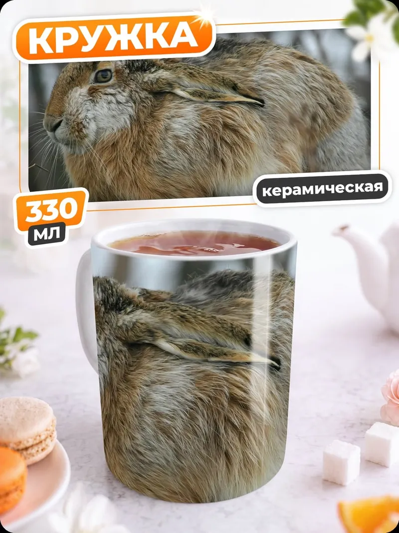 Кружка керамическая заяц зима мох