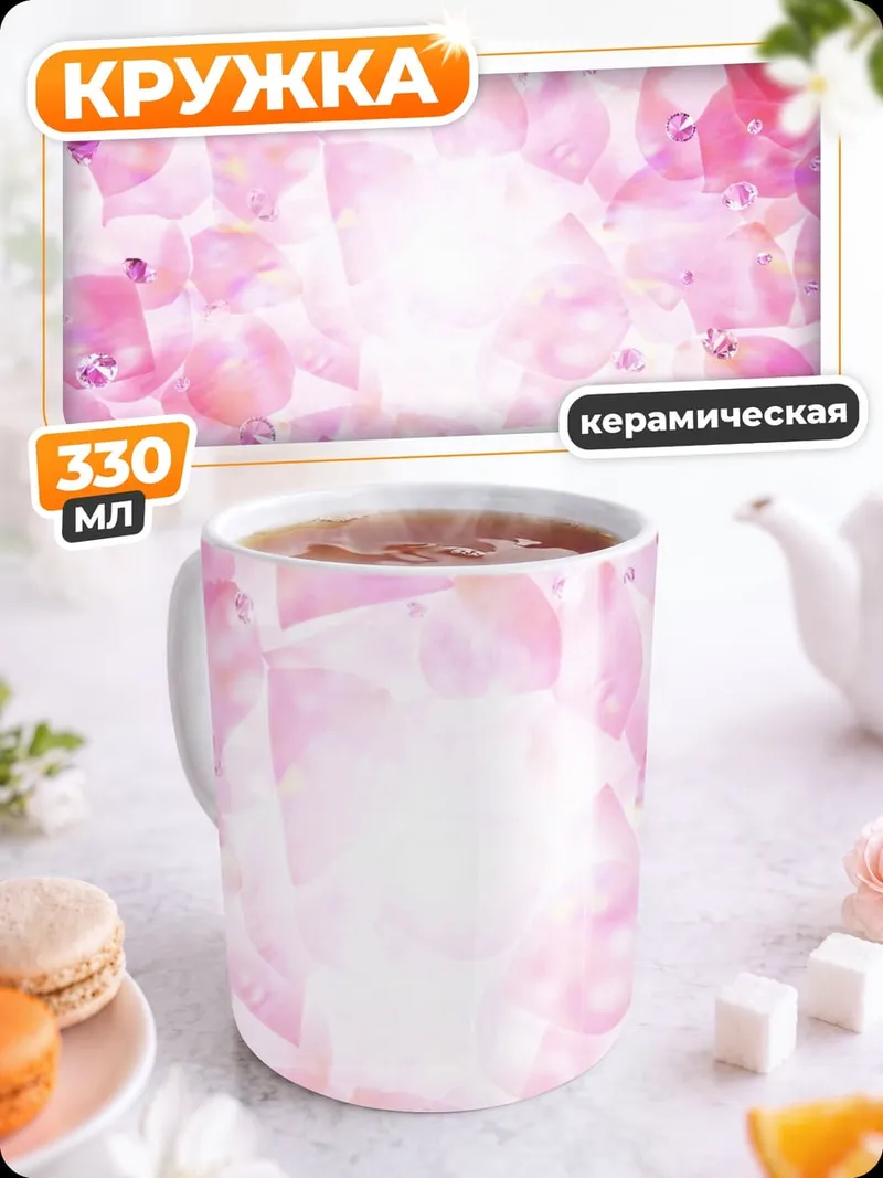 Кружка керамическая Розовые лепестки и капли