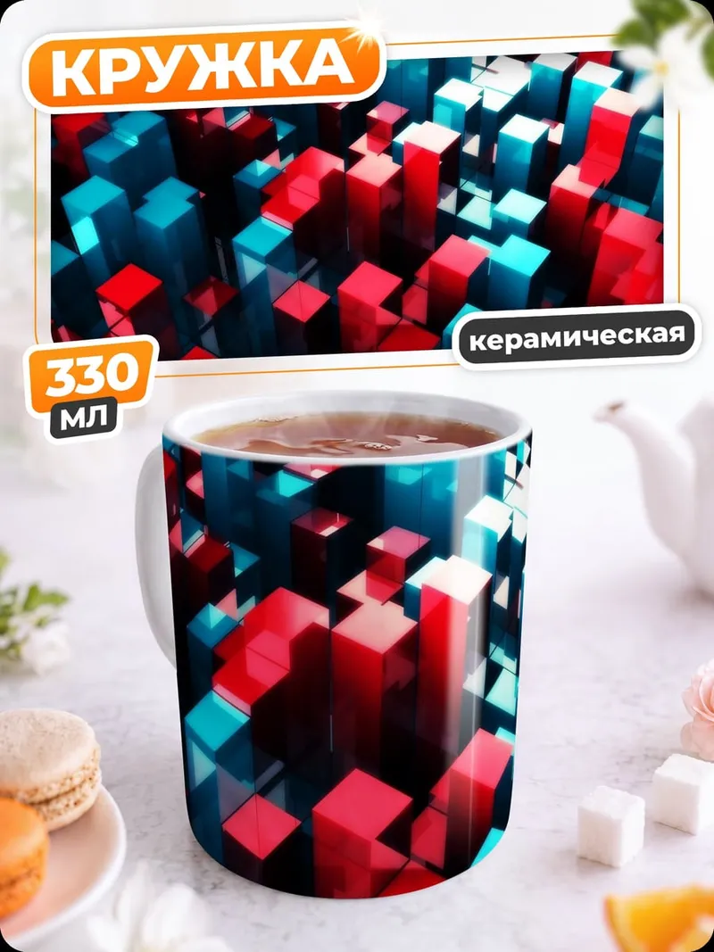Кружка керамическая красные синие блоки