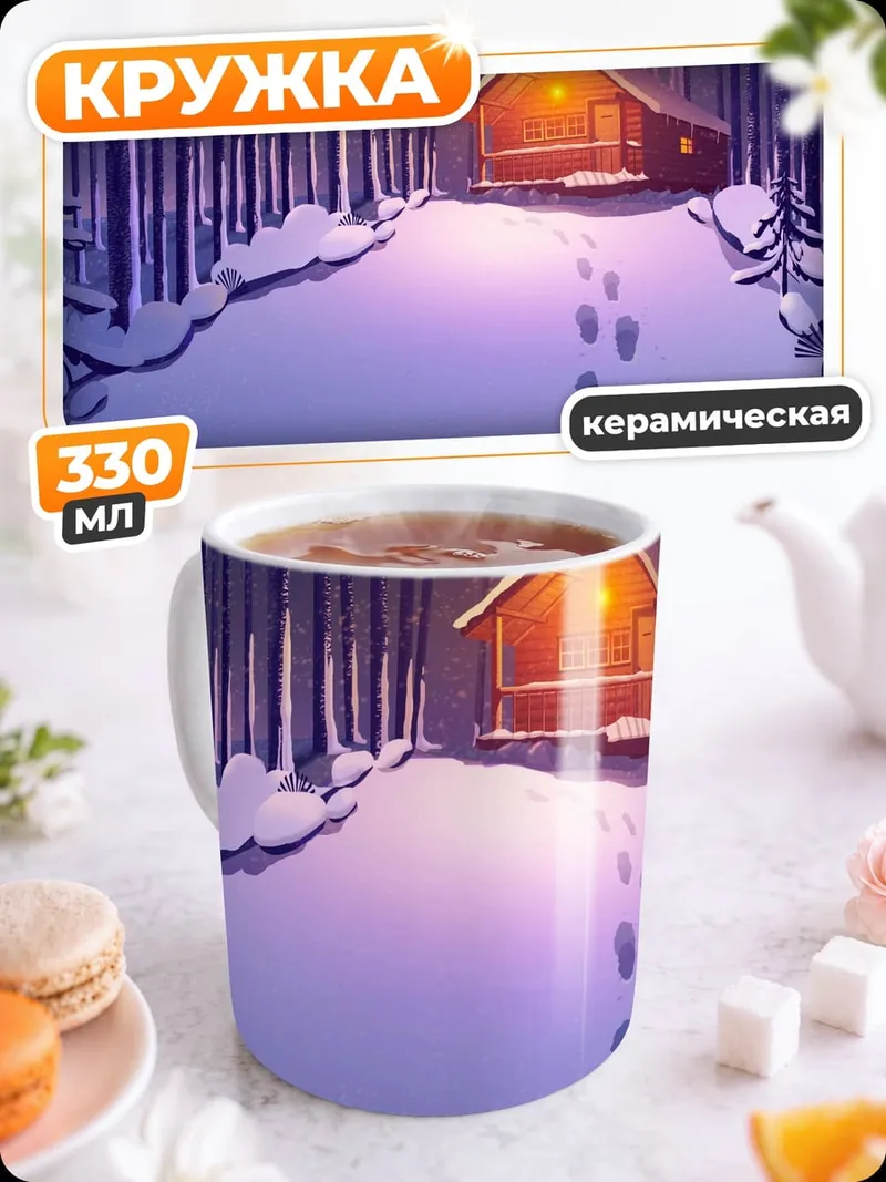 Кружка керамическая Зимний лес домик