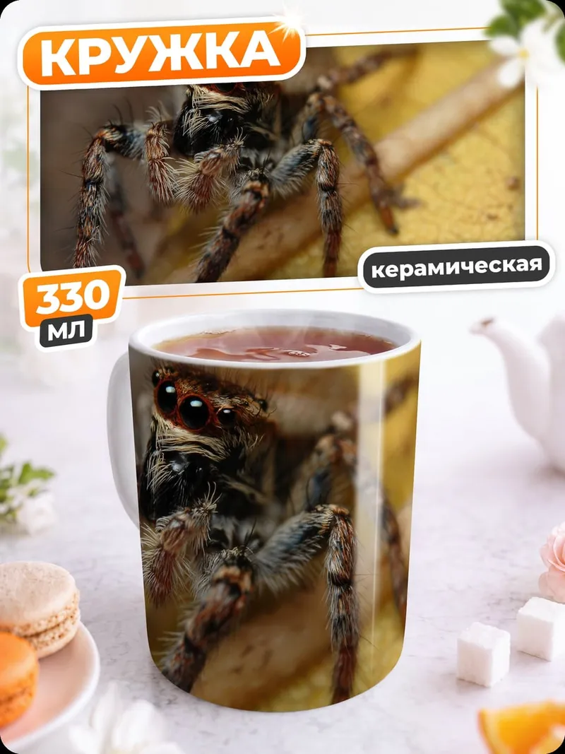 Кружка керамическая Паук-скакун крупным планом