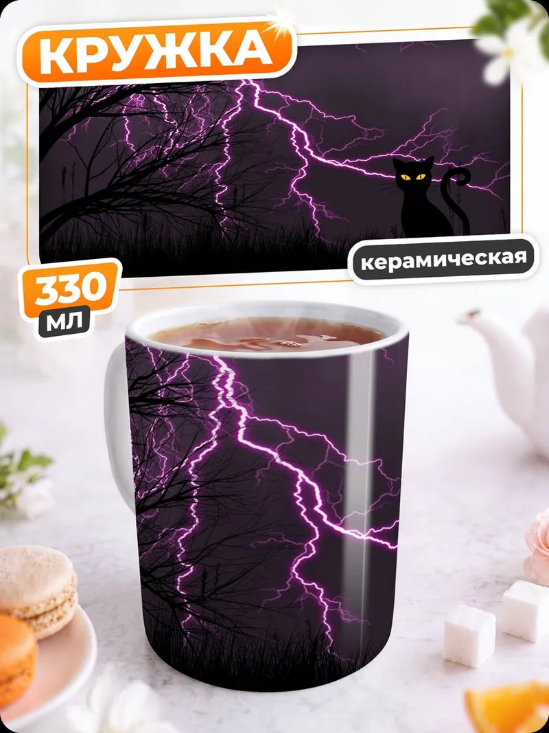 Кружка керамическая черная кошка гроза