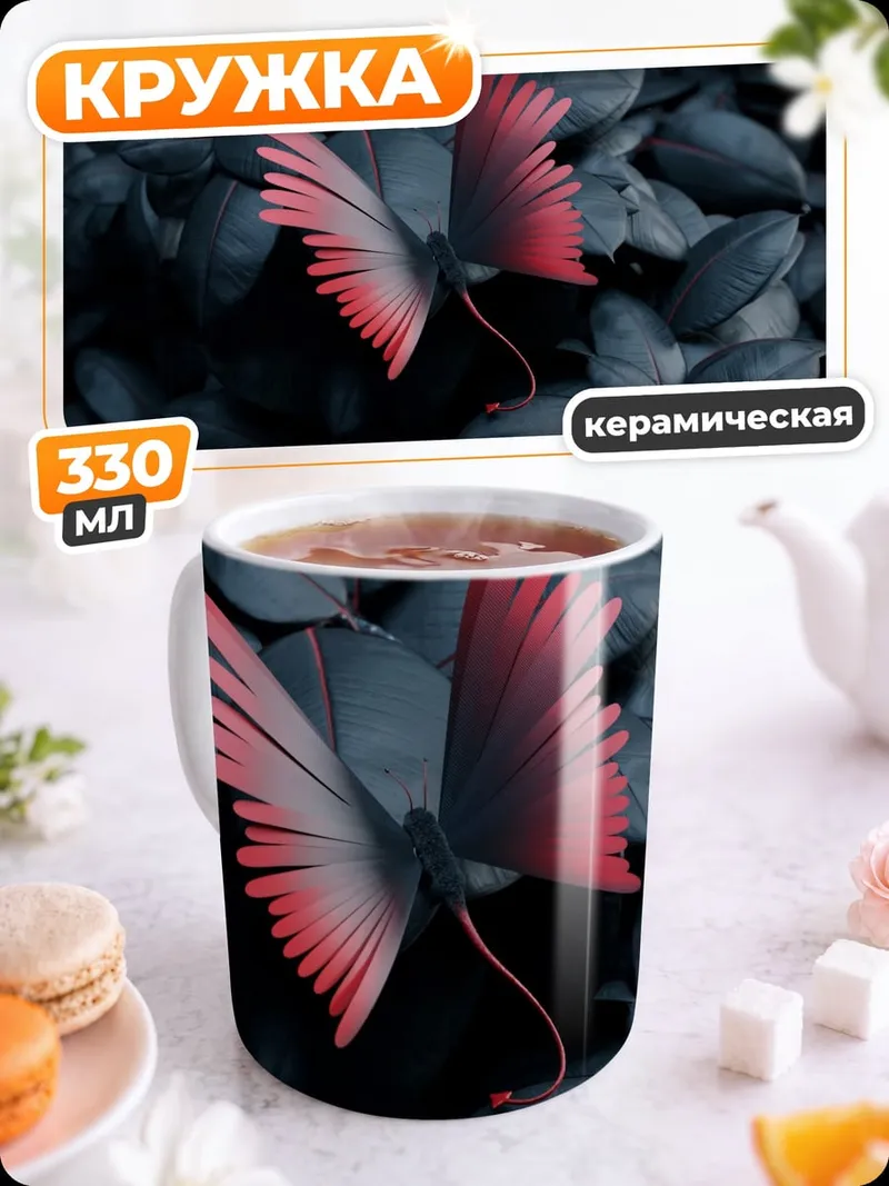 Кружка керамическая Бабочка на темных листьях
