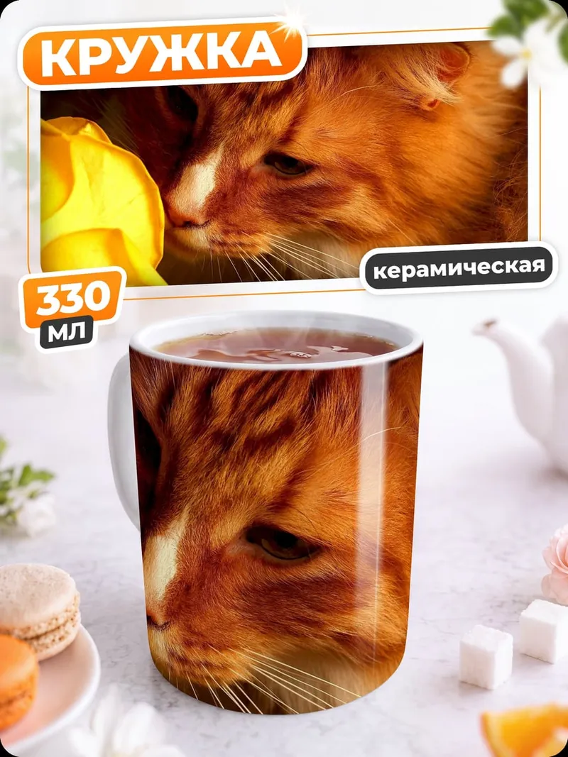 Кружка керамическая Рыжий кот и роза