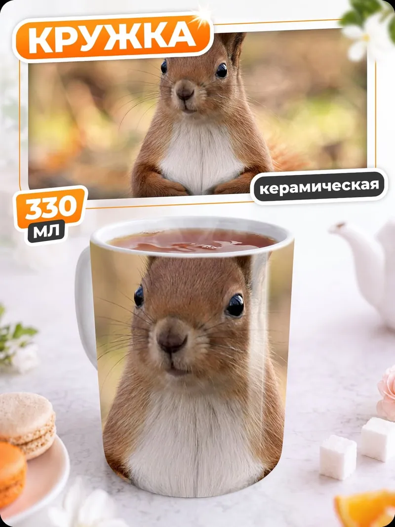Кружка керамическая Рыжая белка крупным планом