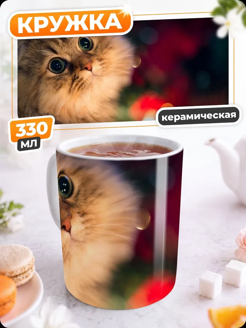 Кружка керамическая Пушистый котенок с глазами