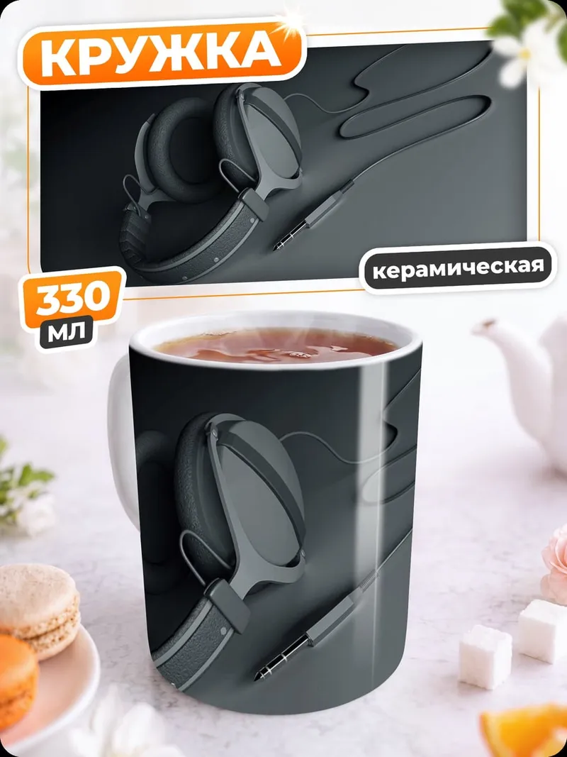 Кружка керамическая Наушники на сером фоне
