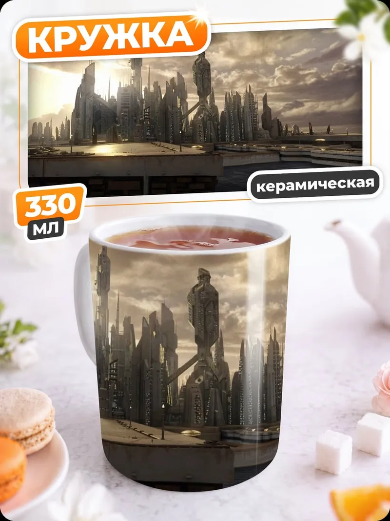 Кружка керамическая Футуристический город рассвет