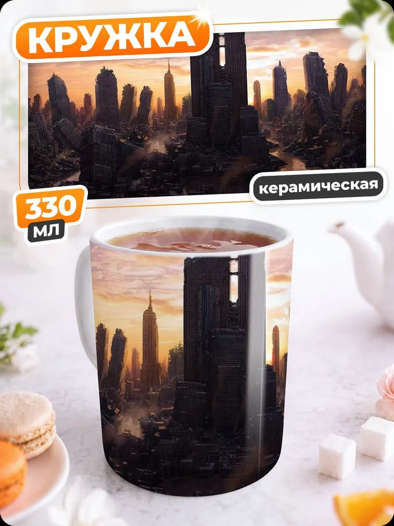Кружка керамическая Разрушенный город рассвет