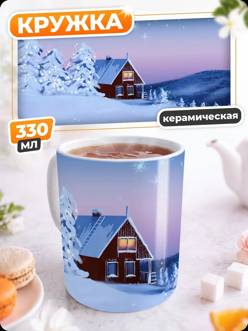 Кружка керамическая Зимний домик в снегу