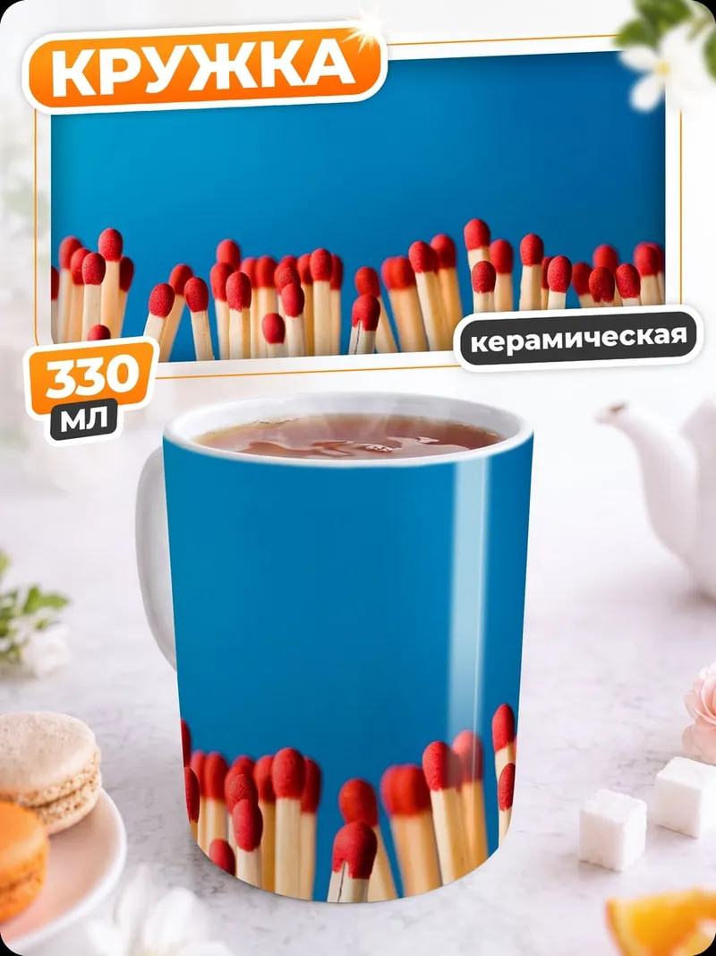 Кружка керамическая Спички на синем фоне