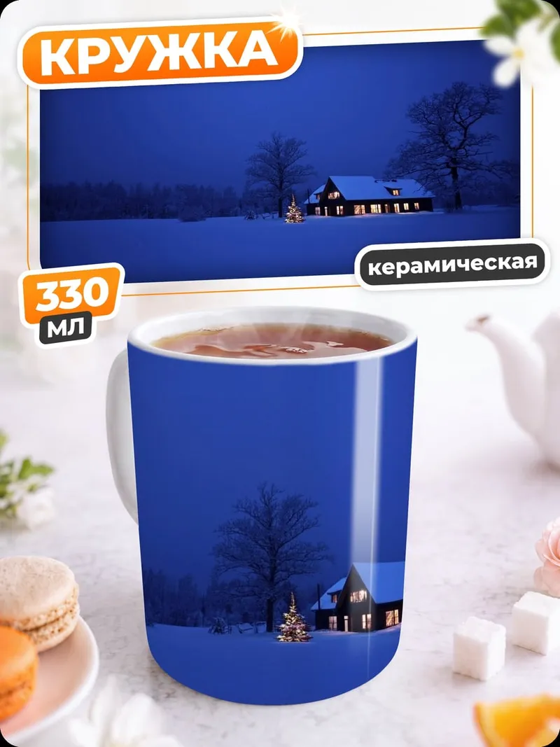 Кружка керамическая Зимний дом ночью