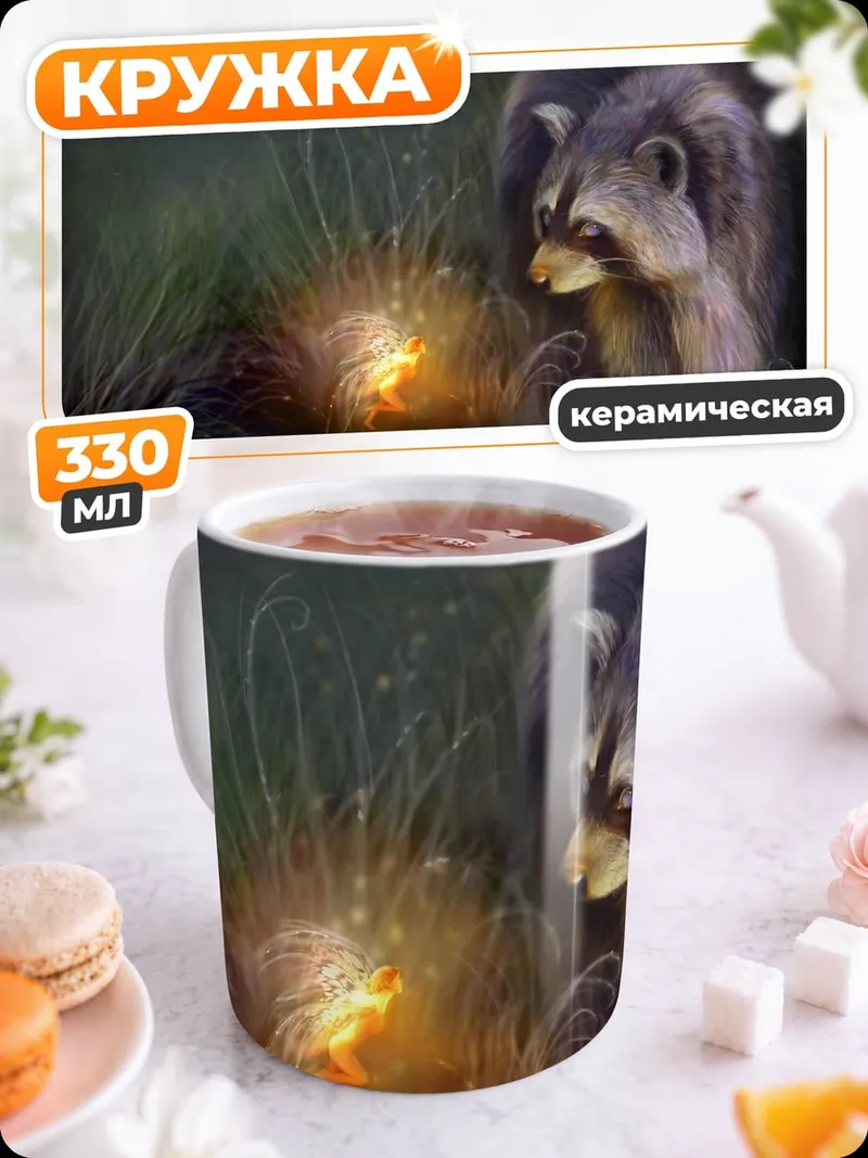 Кружка керамическая Енот у светящегося объекта