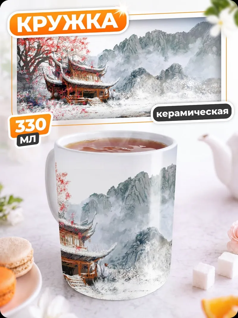 Кружка керамическая зимний пейзаж пагода