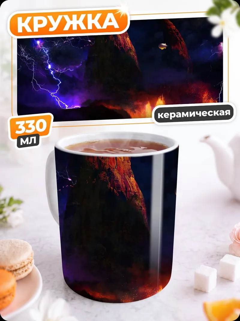 Кружка керамическая Огненный пейзаж с молниями