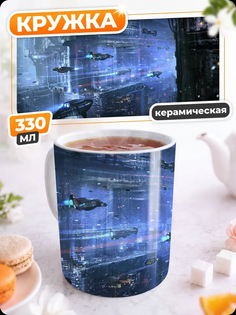 Кружка керамическая футуристический город корабли