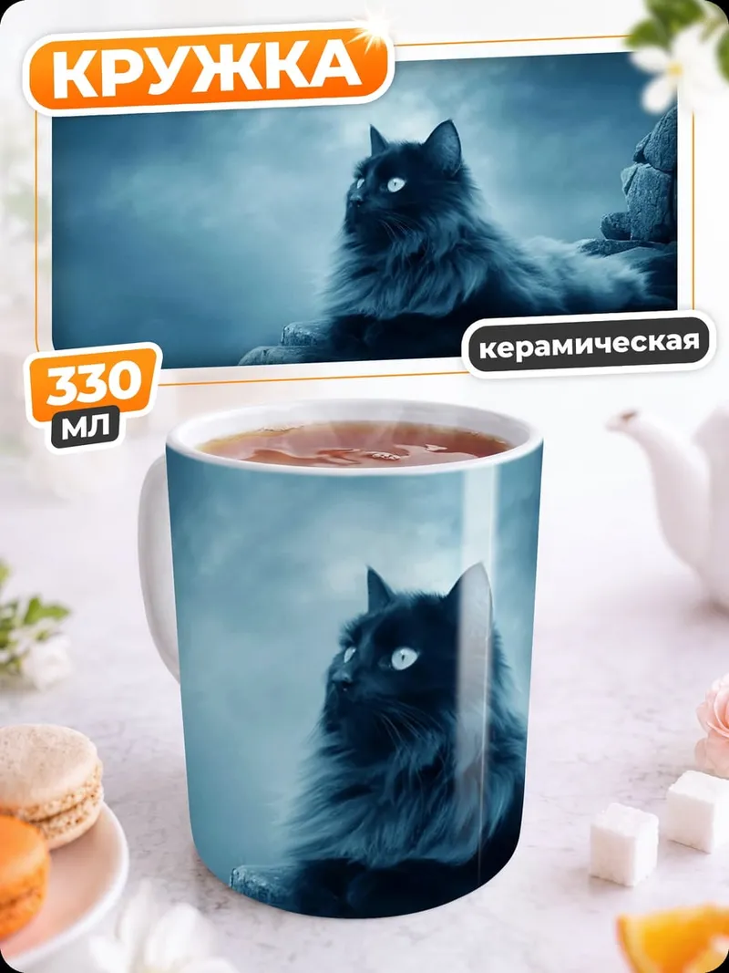 Кружка керамическая Черный кот луна