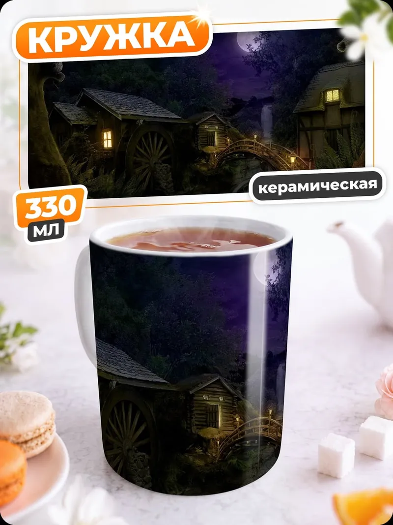Кружка керамическая Ночная деревня у леса