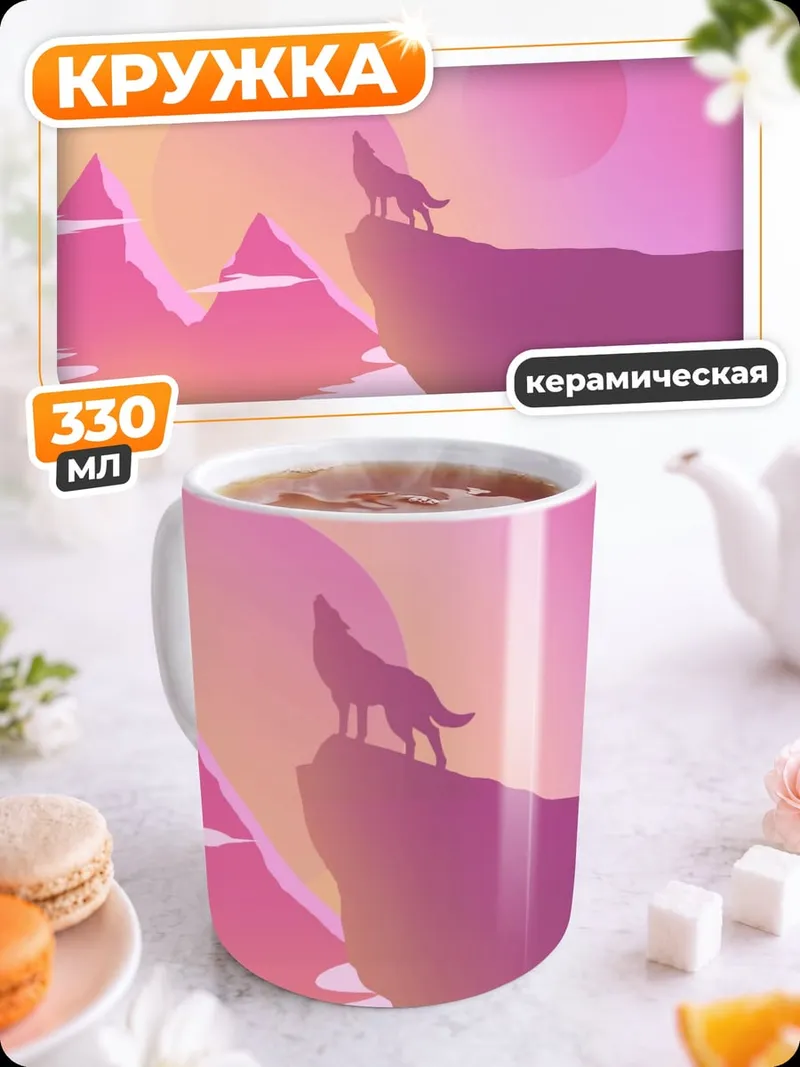 Кружка керамическая волк на скале