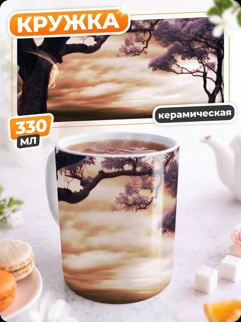 Кружка керамическая фэнтези деревья закат