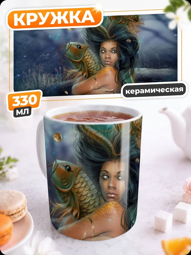 Кружка керамическая Русалка с золотой рыбой
