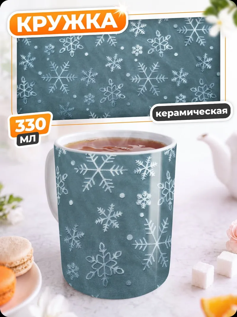 Кружка керамическая Снежинки на синем фоне